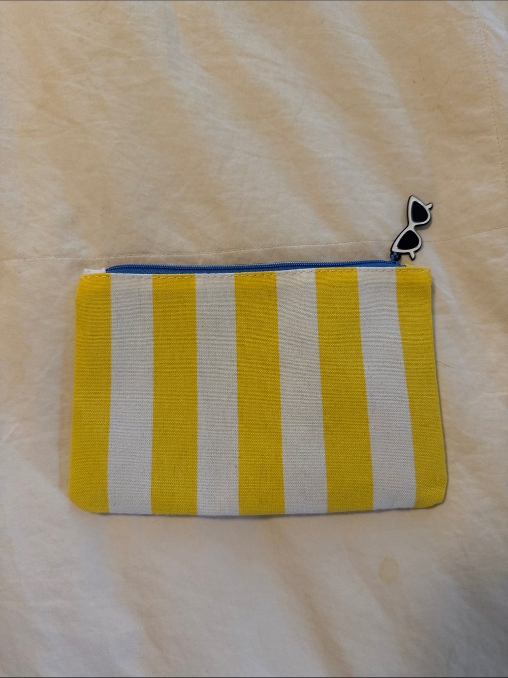 ipsy Yellow and White Stripe Mini Pouch with Sunglasses Zip Pull
